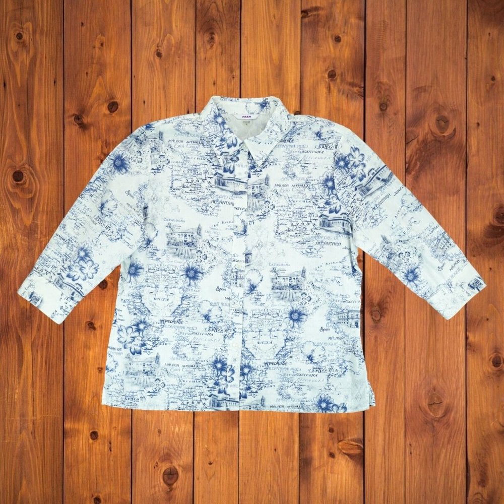 Alia Womens Floral Embroidery White/Blue Button Down Shirt 16 Spain Cities Print